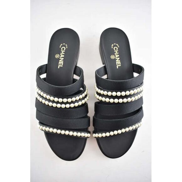 Chanel 20P Black White Pearl Strap CC Logo Slide Slip On Sandal Mule Flat 36 - Picture 5 of 9
